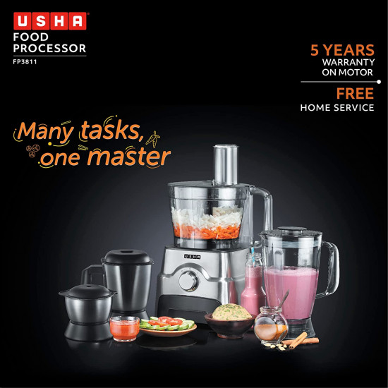 Usha FP 3811 Food Processor 1000 Watts Copper Motor with 13 AccessoriesPremium SS Finish Black and Steel
