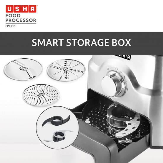 Usha FP 3811 Food Processor 1000 Watts Copper Motor with 13 AccessoriesPremium SS Finish Black and Steel