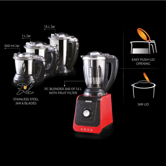 USHA ICHEF 750 Watt Copper Motor Mixer Grinder with 3 SS Jars  Translucent blender PC Jar with fruit filter Hands Free operation with Dual Safety Lock 2 Yr Product  5 Yrs Motor WarrantyRedBlack