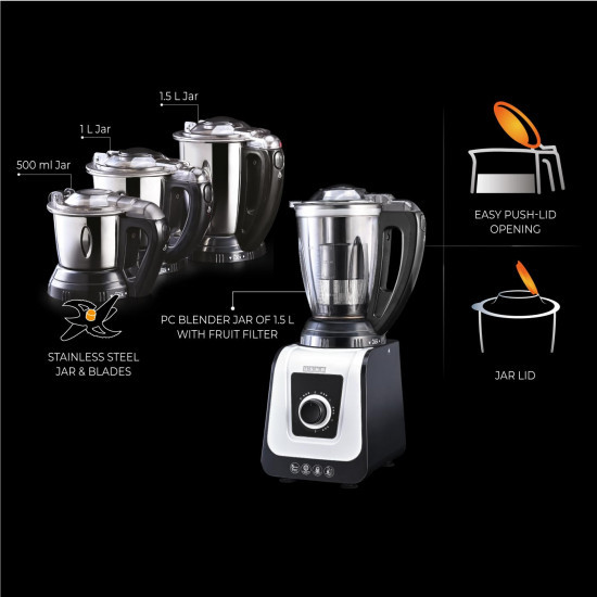 USHA ICHEF 750 Watt Copper Motor Mixer Grinder with 3 SS Jars  Translucent blender PC Jar with fruit filter Hands Free operation with Dual Safety Lock 2 Yr Product  5 Yrs Motor WarrantyWhiteBLK