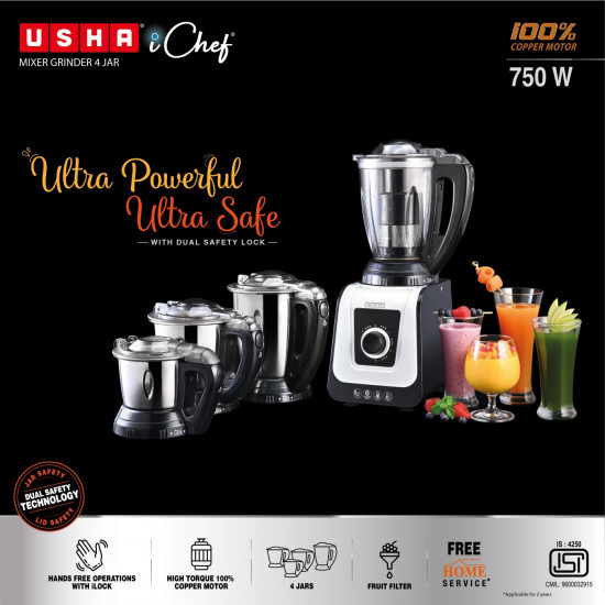 USHA ICHEF 750 Watt Copper Motor Mixer Grinder with 3 SS Jars  Translucent blender PC Jar with fruit filter Hands Free operation with Dual Safety Lock 2 Yr Product  5 Yrs Motor WarrantyWhiteBLK