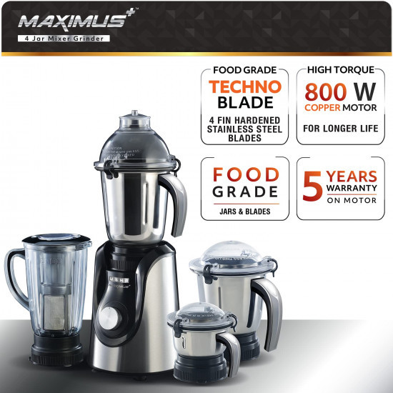 Usha Maximus Plus 800-Watt Copper Motor Mixer Grinder with 4 Jars and 5 Years Motor WarrantyBlack  Stainless steel