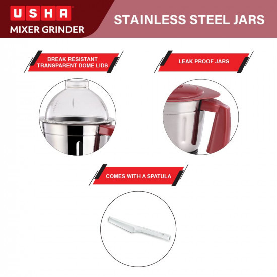 Usha MG 3473 750 W Mixer Grinder with 3 Stainless Steel Jars with Handle High Speed Motor with 2 years Product Warranty  5 Years Motor Warranty Maroon  Black