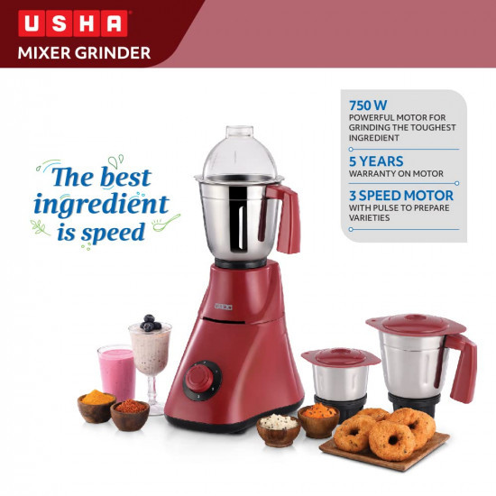 Usha MG 3473 750 W Mixer Grinder with 3 Stainless Steel Jars with Handle High Speed Motor with 2 years Product Warranty  5 Years Motor Warranty Maroon  Black