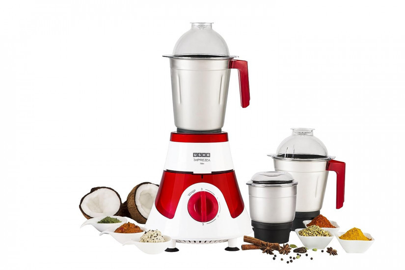 Usha Mixer Grinder MG-3576 750-Watt 3 Jars with Full Copper Motor RedWhite