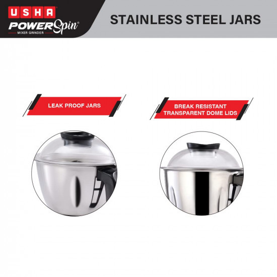 Usha Powerspin 750 Watt Mixer Grinder 3 Stainless Steel Jars with handle Maroon  Black  Powerful 100 copper motor with 2 years Product Warranty  5 Years Motor WarrantyISI Certified