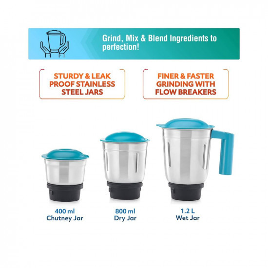USHA Rapidmix 500-Watt Copper Motor Mixer Grinder With 3 Jars And 2 Years Product Warranty  5 Years Motor Warranty Sea GreenWhite 500 Watt