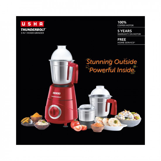 USHA Thunderbolt 800-Watt Copper Motor Mixer Grinder with 3 Jars and 5 Years Motor WarrantyRed