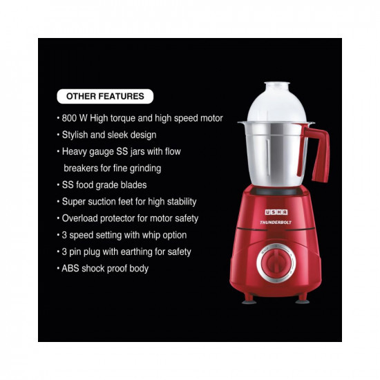 USHA Thunderbolt 800-Watt Copper Motor Mixer Grinder with 3 Jars and 5 Years Motor WarrantyRed
