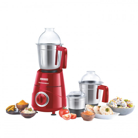 USHA Thunderbolt 800-Watt Copper Motor Mixer Grinder with 3 Jars and 5 Years Motor WarrantyRed