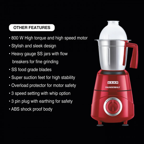 USHA Thunderbolt 800-Watt Copper Motor Mixer Grinder with 3 Jars and 5 Years Motor WarrantyRed
