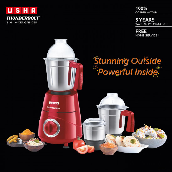 USHA Thunderbolt 800-Watt Copper Motor Mixer Grinder with 3 Jars and 5 Years Motor WarrantyRed