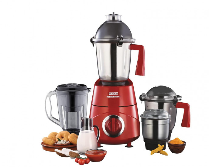 USHA Thunderbolt Pro 1000 W Copper Motor Mixer Grinder with 4 Jars3 Heavy Gauge Food Grade SS  1 PC Transparent Break-Resistant Blender Jar With Fruit Filter2 Yr Product  5 Yrs Motor WarrantyRed