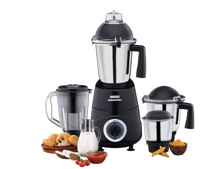 USHA Thunderbolt Pro 1000 W Copper Motor Mixer Grinder with 4 Jars3 Heavy Gauge Food Grade SS  1 PC Transparent Break-Resistant Blender Jar With Fruit Filter2 Yr Product  5 Yrs Motor WarrantyBLK