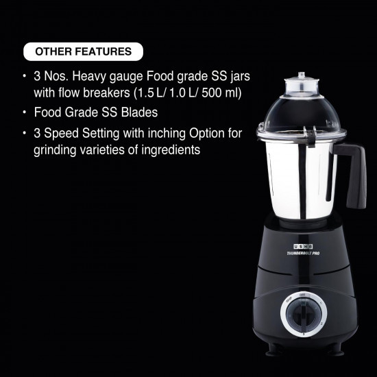 USHA Thunderbolt Pro Mixer Grinder 1000 Watt Powerful Ball Bearing Motor  100 Copper Motor For Longer Life  3 Heavy Gauge Food Grade SS Jars 2 Years Product  5 Years Motor Warranty Black
