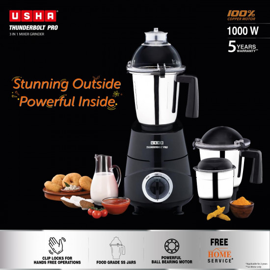 USHA Thunderbolt Pro Mixer Grinder 1000 Watt Powerful Ball Bearing Motor  100 Copper Motor For Longer Life  3 Heavy Gauge Food Grade SS Jars 2 Years Product  5 Years Motor Warranty Black