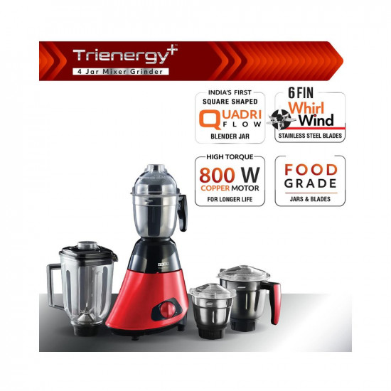 Usha Trienergy+ 800 Watt Powerful 100% Copper Motor 4 Jar Mixer Grinder with Unique QuadriFlow Square Blender Jar for Faster Grinding and Smooth Blending || 5 Years Warranty on Motor (Red)