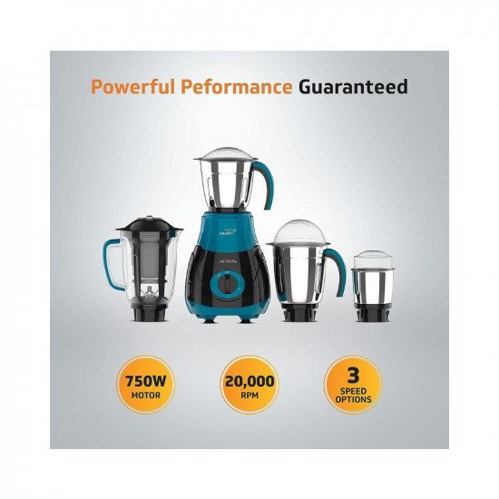 V-Guard AG 754 750 Watt Juicer Mixer Grinder Blue  Black  4 Jars 3 Stainless Steel Jars  1 Juicer Jar  Shock-Proof ABS BodyStable Anti-Skid BaseOverload Protection