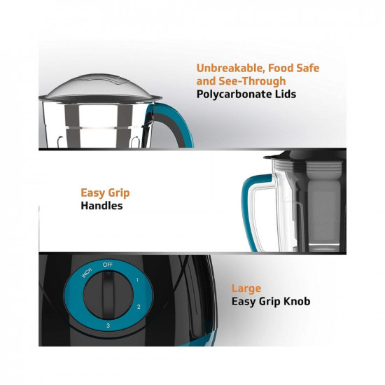 V-Guard AG 754 750 Watt Juicer Mixer Grinder Blue  Black  4 Jars 3 Stainless Steel Jars  1 Juicer Jar  Shock-Proof ABS BodyStable Anti-Skid BaseOverload Protection