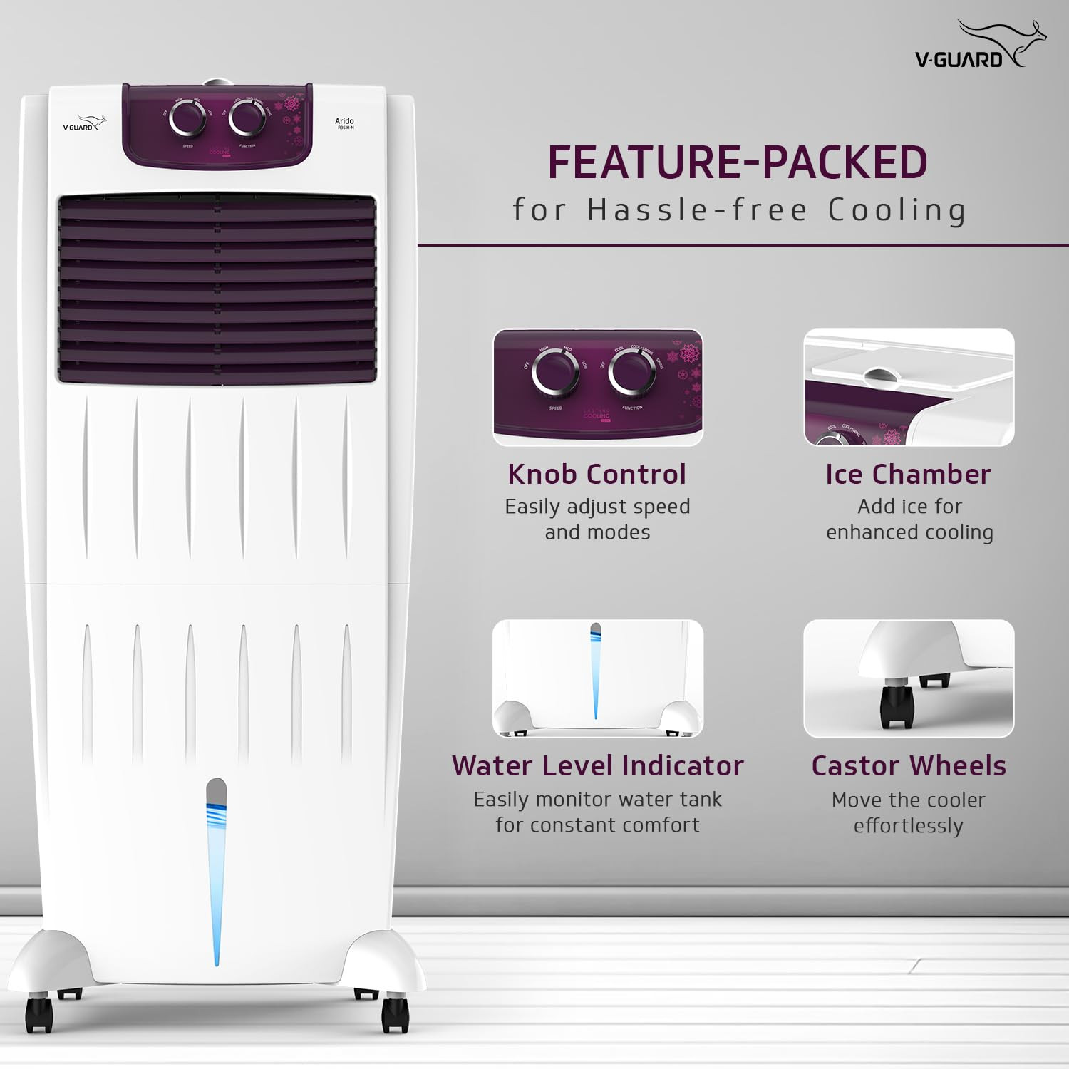 V-Guard Arido R35H-N Room Air Cooler for Home  Mosquito  Dust Filter  2 Year Warranty  35 L White  Purple burry