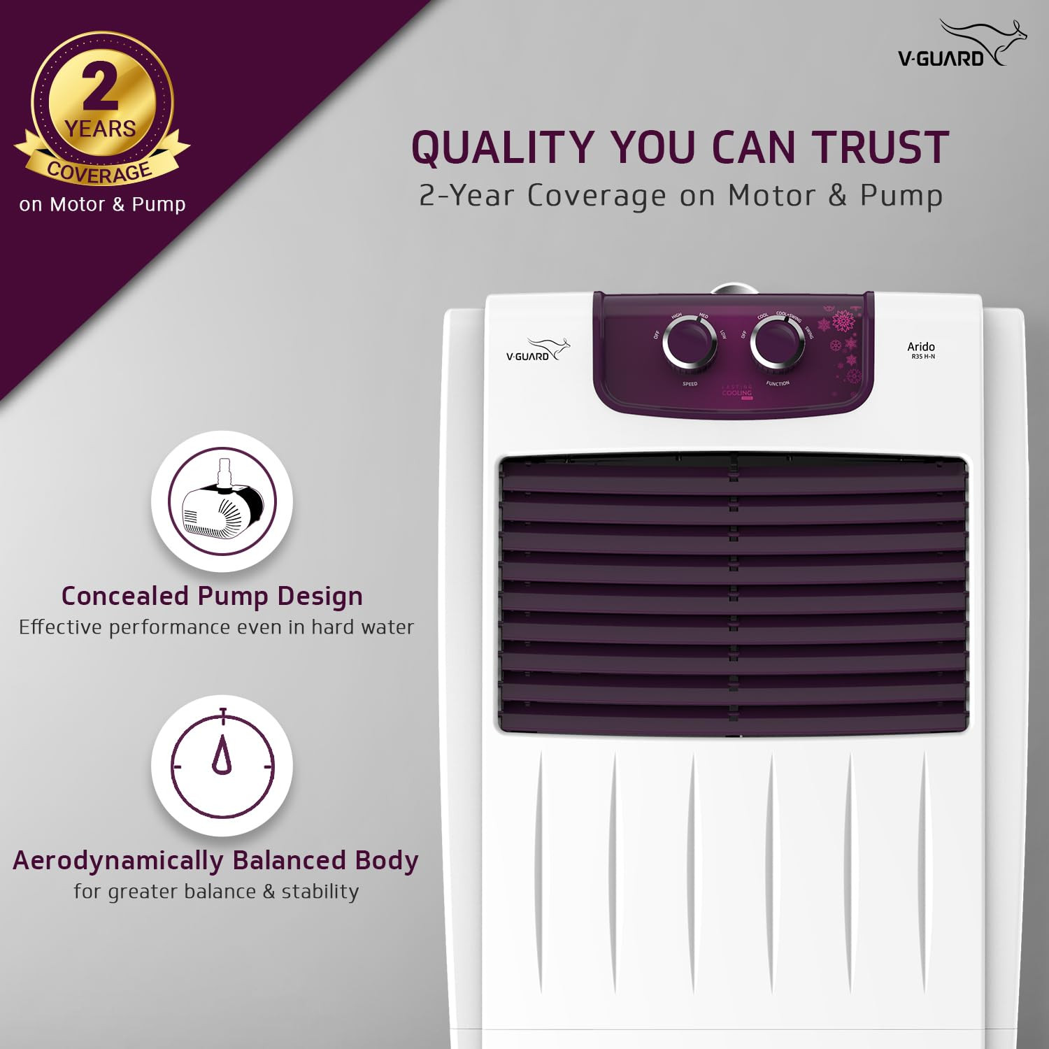 V-Guard Arido R35H-N Room Air Cooler for Home  Mosquito  Dust Filter  2 Year Warranty  35 L White  Purple burry