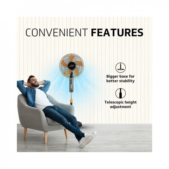 V-Guard Esfera Pedestal Fan (5 blade) with Remote Control, In-built 7.5 Hour Timer, 400 mm Sweep Size, Telescopic Height with Adjustable Metal Stand & Powerful Copper Motor | 52 W |Orange Black