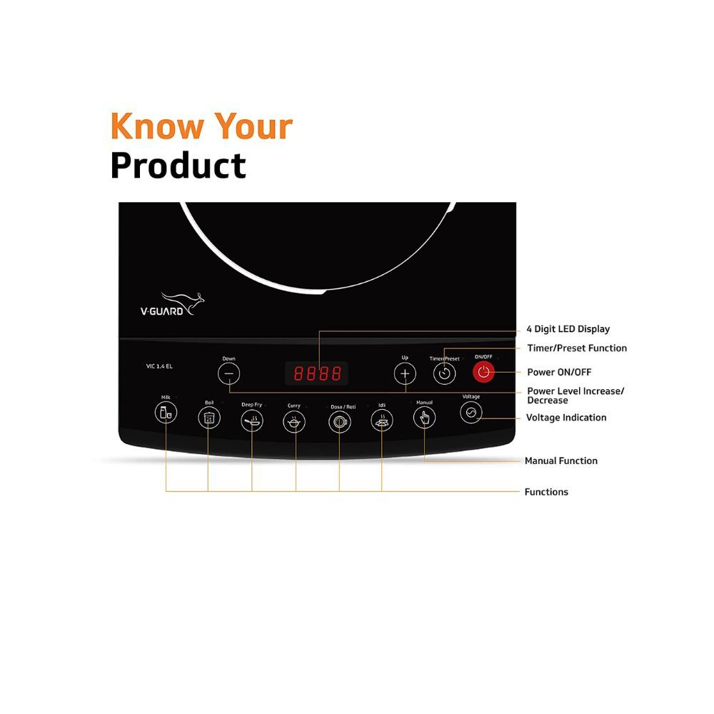 V-Guard VIC 14 EL 1400 Watt Induction Cooktop  7 Power LevelsElegant Crystal Glass Matte FinishFast  Even Cooking