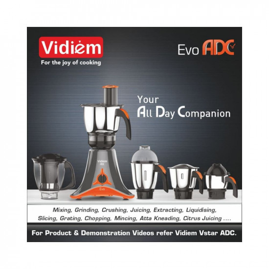 Vidiem ADC Mixer Grinder 612 EvoONL  750 Watt Mixer Grinder with 5 Jars in-1 Juicer  Leakproof Jars with self-Lock for Wet and Dry SpicesChutneys and Curries  2 Years Warranty Black  Orange