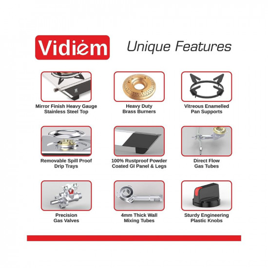 Vidiem Gas Stove S3 179 A Viva Silver  Black  3 Burner Stainless Steel  ISI Certified  Manual Ignition  5 Years Warranty