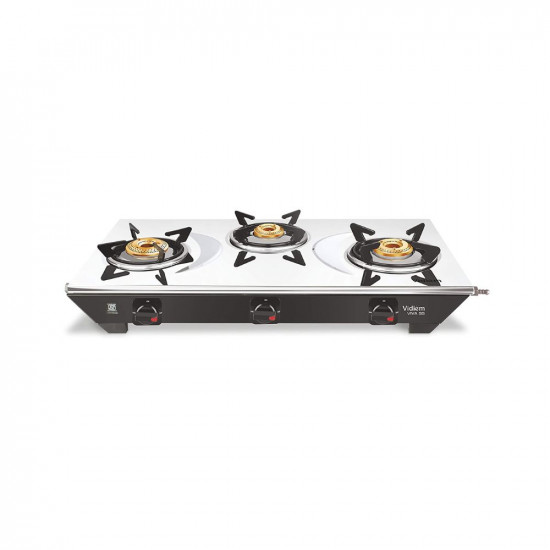 Vidiem Gas Stove S3 179 A Viva Silver  Black  3 Burner Stainless Steel  ISI Certified  Manual Ignition  5 Years Warranty