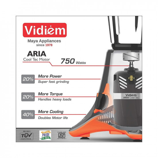 Vidiem Mixer Grinder 541 A Grey with Orange  750 watt Mixer grinder with 4 Jar in-1 Juicer  Leakproof Jars with self-lock for wet  dry spices chutneys  curries  5 Years Warranty