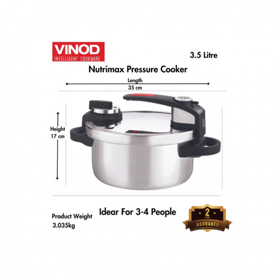 Vinod Nutrimax Outer Lid Stainless Steel Pressure Cooker35 LitresInduction Friendly With Triply BodyUnique LidZero Pressure Auto-Lock With Visual IndicatorExtra Glass Lid - Silver35 Liter