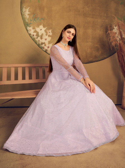 Violet Metallic Foil Work Net Party Wear Gown