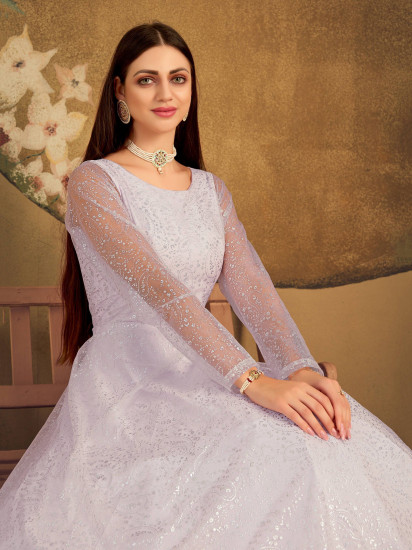 Violet Metallic Foil Work Net Party Wear Gown