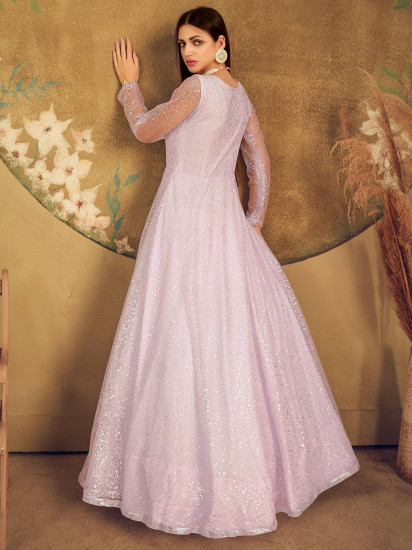 Violet Metallic Foil Work Net Party Wear Gown