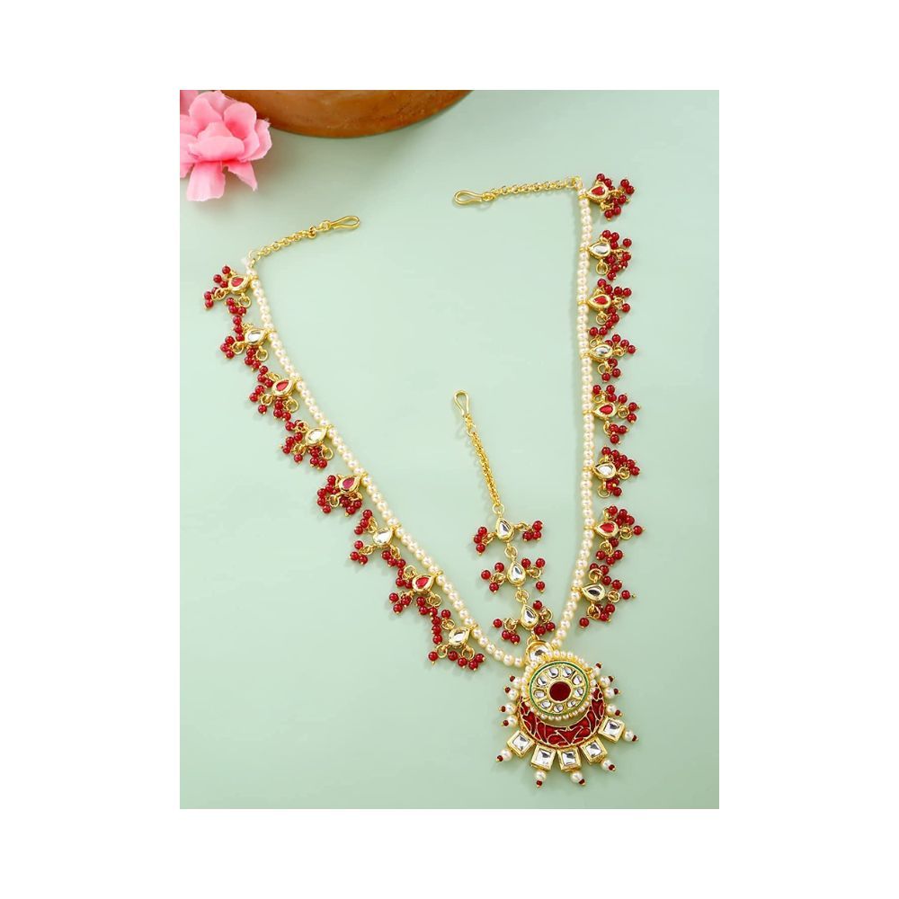 Viraasi Gold Plated Kundan Red Beaded Matha Patti for Women