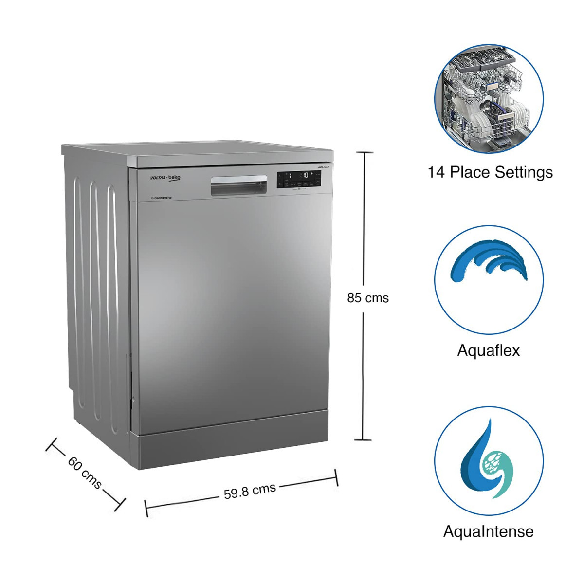 Voltas Beko 14 Place Setting Dishwasher AquaFlex AquaIntense DF14S2Silver