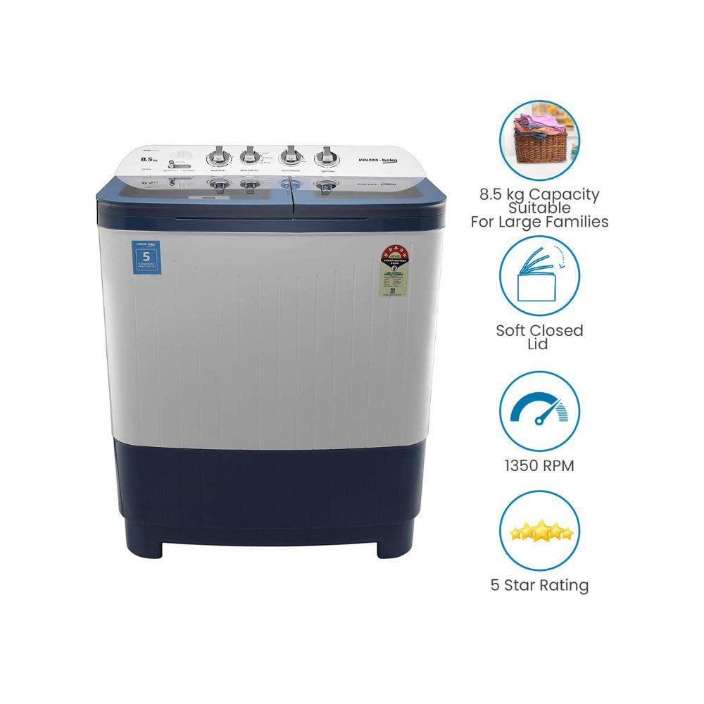 Voltas Beko 8.5 kg Semi-Automatic Top Loading Washing Machine, 2 Casette Filter Sky Blue (WTT85DBLG)