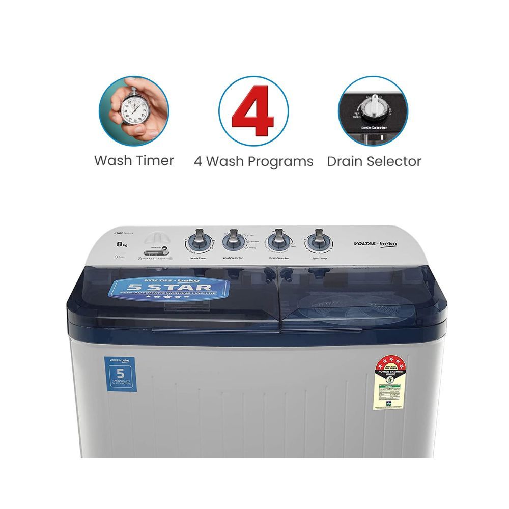 Voltas Beko 8.5 kg Semi-Automatic Top Loading Washing Machine, 2 Casette Filter (WTT85DBLT, Sky Blue)