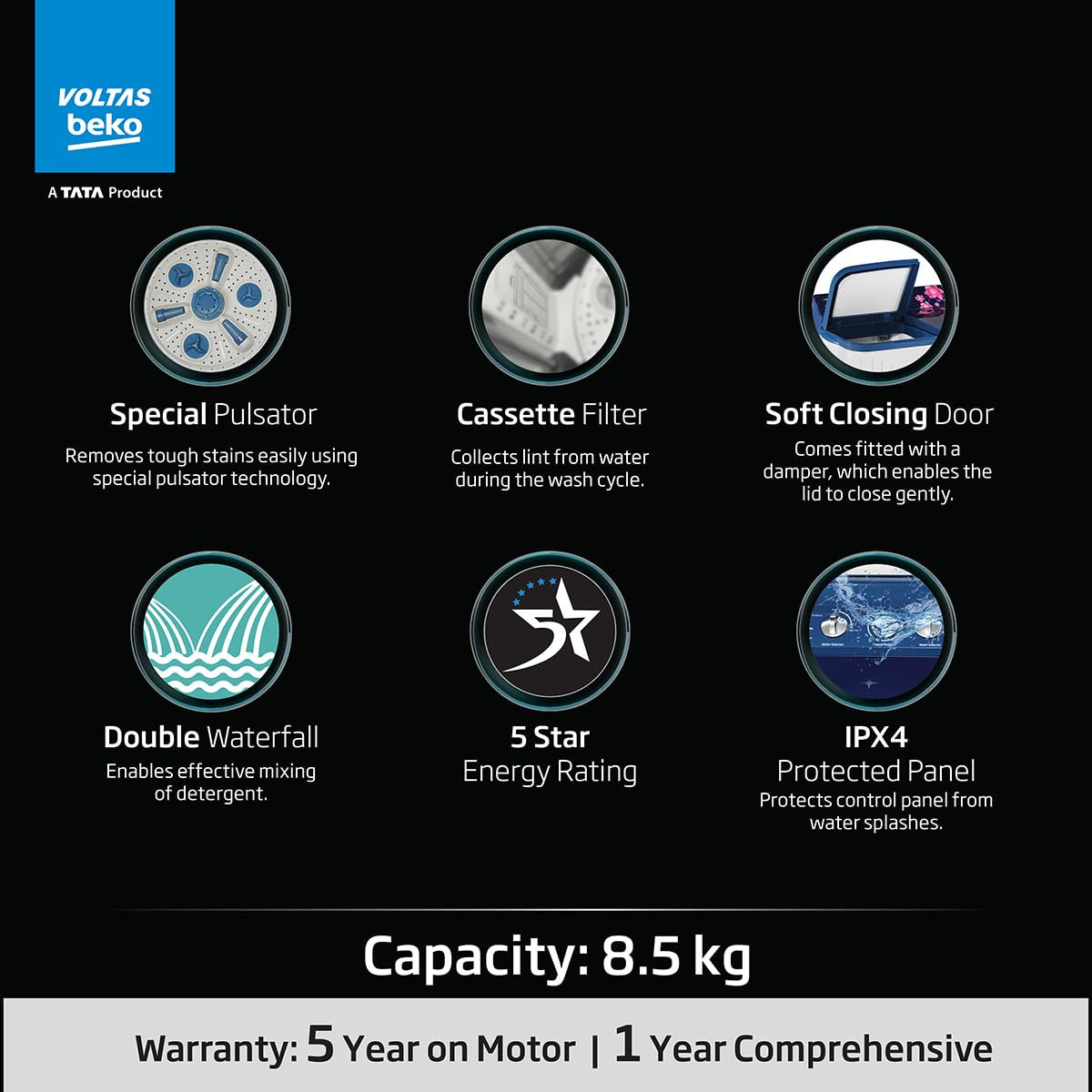 Voltas beko A Tata Product 85 kg 5 Star Semi-Automatic Top Load Washing Machine With Double Water Fall technology WTT85DBLGFLRB5 Blue Special Pulsator  5 Knob Control Method