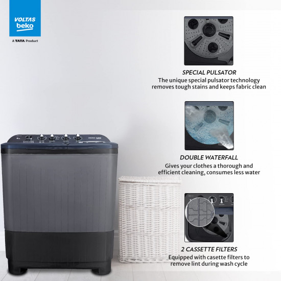 Voltas beko, A Tata Product 9 kg 5 Star Semi-Automatic Twin Tub Top Load Washing machine, (WTT90UDX/BKGR4KPTD, Black, 2023 Model, Special Pulsator wash Method)