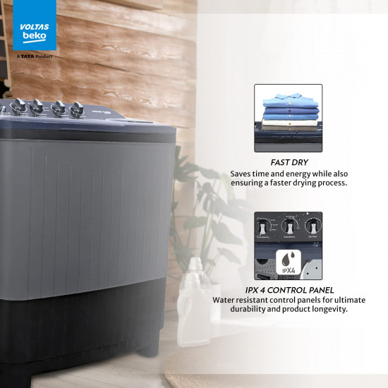 Voltas beko, A Tata Product 9 kg 5 Star Semi-Automatic Twin Tub Top Load Washing machine, (WTT90UDX/BKGR4KPTD, Black, 2023 Model, Special Pulsator wash Method)