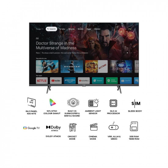 VU 108 cm (43 inches) The GloLED 84 Watt DJ Sound Series 4K Smart Google TV 43GloLED (Grey)