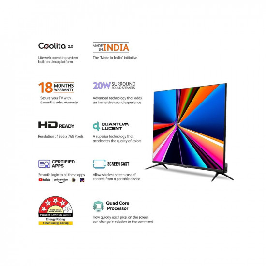 VW 80 cm 32 inches Linux Series Frameless HD Ready Smart LED TV VW32C2 Black
