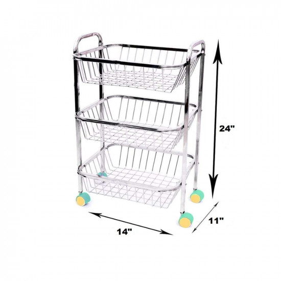 WayMore® Stainless Steel 3-Tier Rack Fruits & Vegetable Onion Trolley Container Basket Organizer Organiser Holder Stand for Kitchen with Wheel (3 Layer Trolley)