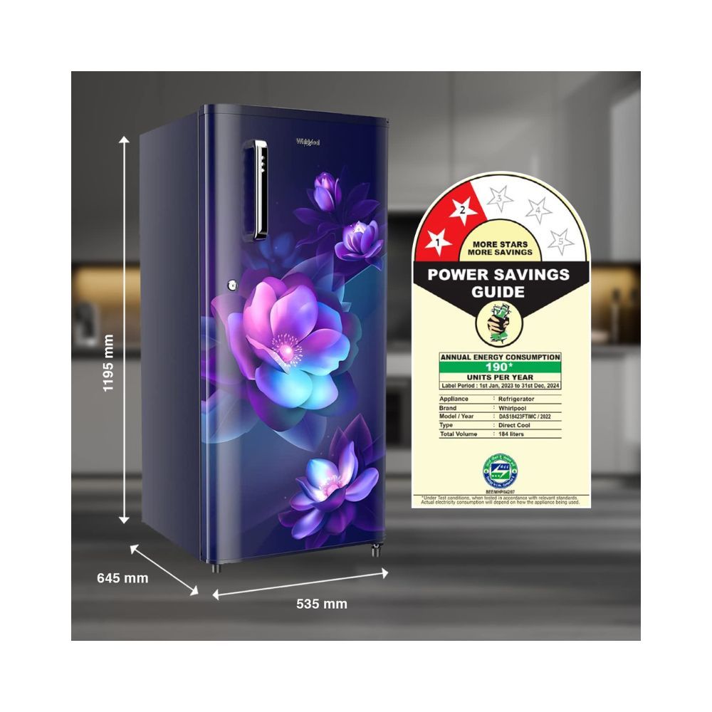 Whirlpool 184 L 2 Star Direct-Cool Single Door Refrigerator (205 WDE PRM 2S SAPPHIRE BLOOM-Z, 2023 Model)