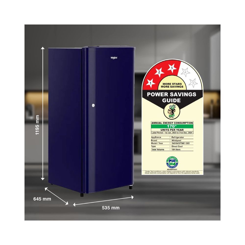 Whirlpool 184 L 3 Star Direct-Cool Single Door Refrigerator (205 WDE CLS 3S SAPPHIRE BLUE-Z, Sapphire Blue, Blue, 2023 Model)