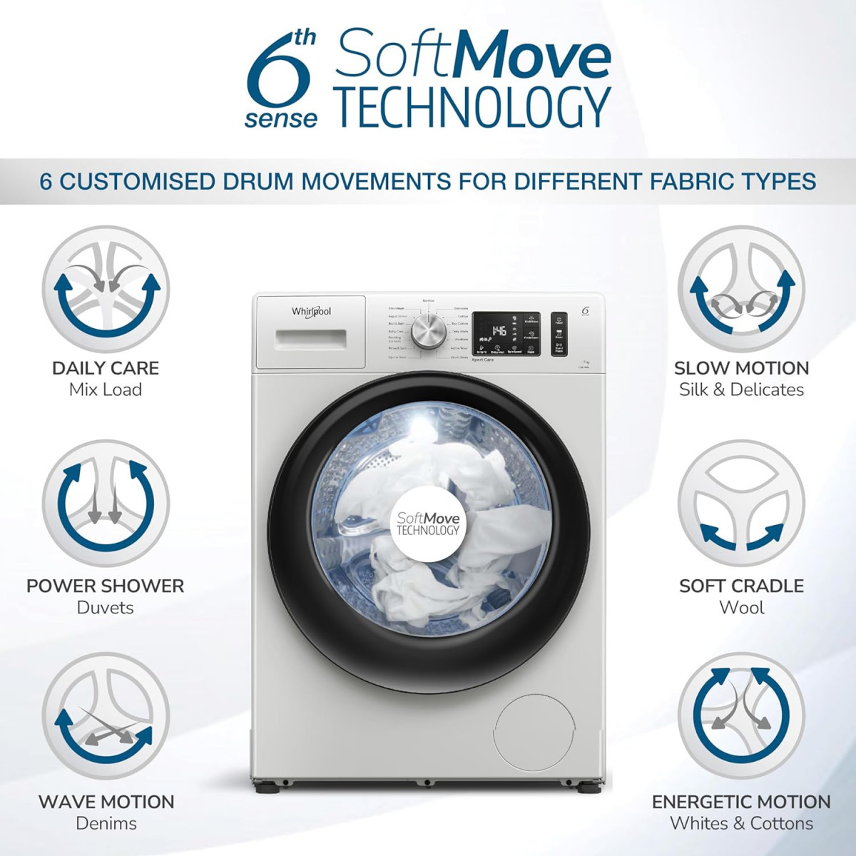 Whirlpool 7 Kg Steam Technology Inverter Front Load Washing Machine with In-Built Heater XS7010BWW52E Crystal White 100 Tough Stains 6th Sense Soft Move 2024 Model
