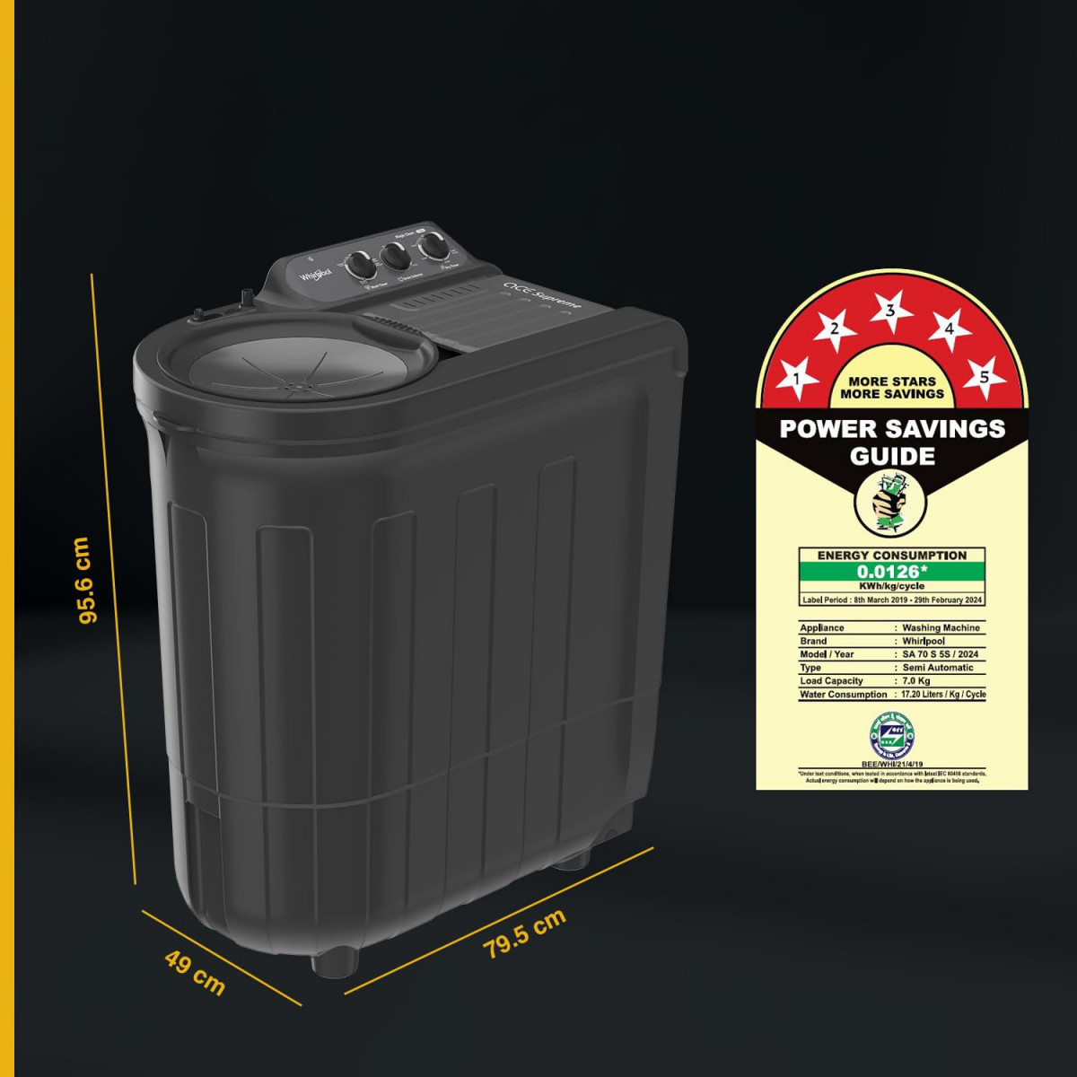 Whirlpool 70 Kg 5 Star Ace Supreme Semi-Automatic Top Loading Washing Machine ACE SUPREME RYL SRS 70 GREY DAZZLE 5YR
