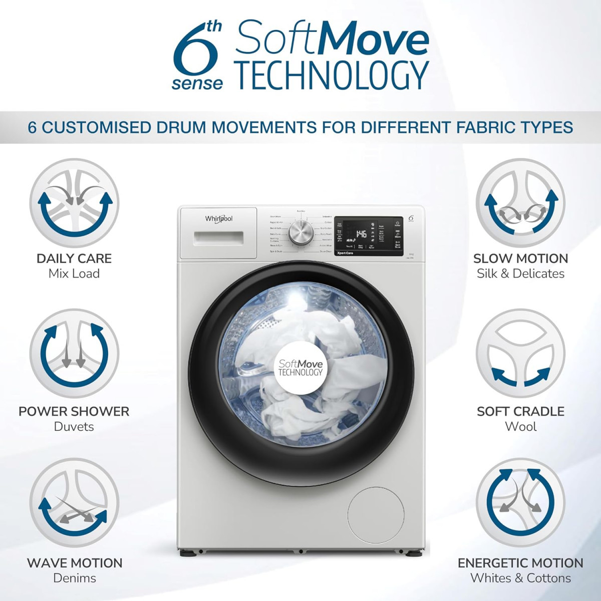 Whirlpool 8 Kg Steam Technology Inverter Front Load Washing Machine with In-Built Heater XS8014BYW52E Crystal White 100 Tough Stains 6th Sense Soft Move 2024 Model